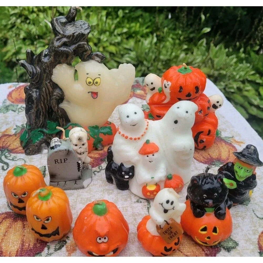 Vtg Halloween Candles Holiday Decor Ghost Witch Jack O Lantern Black Cat Russ
